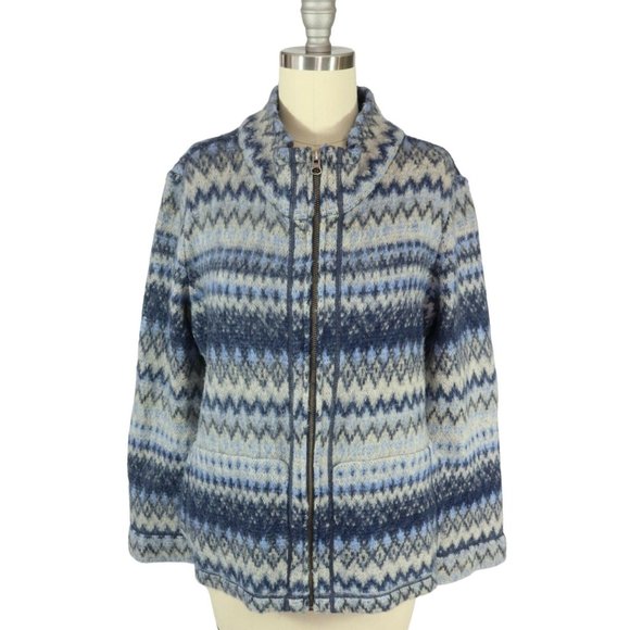 4/$25 J JILL Wool Angora Blue Fair Isle Zip Mock Neck Cardigan Sweater Size Sp - Picture 1 of 4